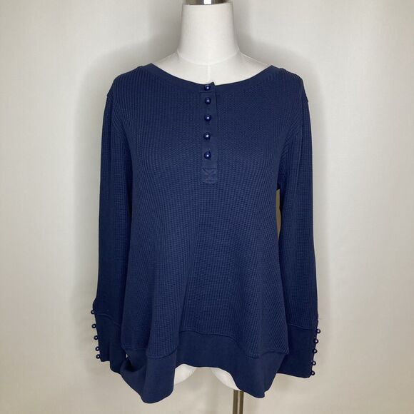 Soft Surroundings Henley Pullover Sweater Navy Blue Rib Knit Cotton Womens Large - Picture 1 of 9
